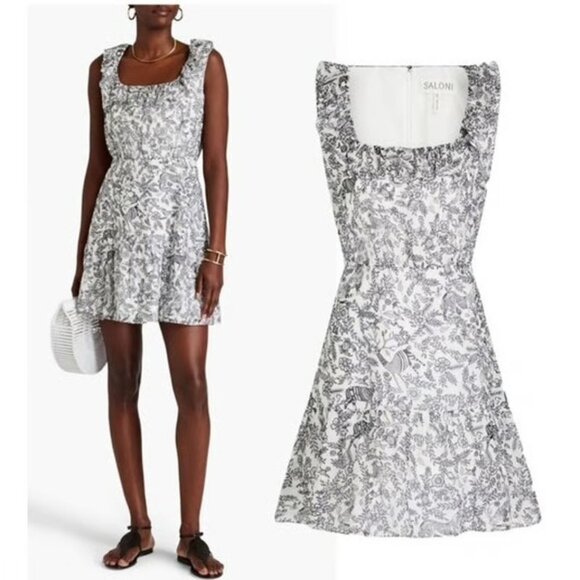 Saloni Misha Sleeveless Gret and White Toile Print Mini Sundress US 6 / UK 10 - Picture 2 of 9